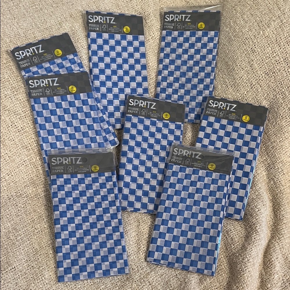 Spritz Blue Checkered Tissue Paper 8 packs with 8 sheets in each.
